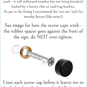 May include: An exploded view of a screw cap assembly, including a screw, a gold-colored ring, a clear rubber spacer, and a black cap. Text provides instructions on assembly and use.