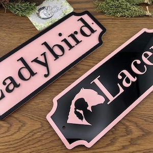 May include: Two rectangular signs with a black border and a pink interior. One sign reads "Ladybird" in black letters. The other sign reads "Lacey" in pink letters, with a horse silhouette. Both signs are on a wooden surface.