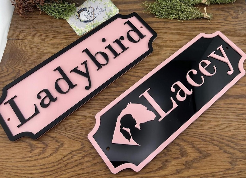 May include: Two rectangular signs with a black border and a pink interior. One sign reads "Ladybird" in black letters. The other sign reads "Lacey" in pink letters, with a horse silhouette. Both signs are on a wooden surface.