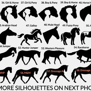 May include: A collection of black horse silhouettes, including various breeds and poses such as Arabian Head, Gallop, and Racehorse. The image also features silhouettes of a girl and horse, a boy and pony, and other equestrian-themed designs. Text reads "35 MORE SILHOUETTES ON NEXT PHOTO."