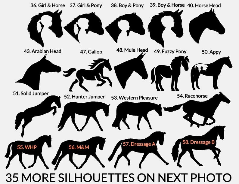 May include: A collection of black horse silhouettes, including various breeds and poses such as Arabian Head, Gallop, and Racehorse. The image also features silhouettes of a girl and horse, a boy and pony, and other equestrian-themed designs. Text reads "35 MORE SILHOUETTES ON NEXT PHOTO."