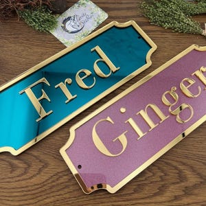 May include: Two rectangular nameplates with gold trim. One is teal with "Fred" in gold letters, the other is pink with "Ginger" in gold letters. Both have a glossy finish and are on a wooden surface.