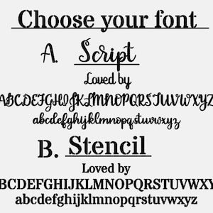 Może przedstawiać: Grafika prezentująca opcje czcionek. Tekst "Choose your font" znajduje się na g&oacute;rze. Pokazano dwa style czcionek: Script i Stencil, każdy z alfabetami wielkimi i małymi. Słowa "Loved by" pojawiają się nad każdym alfabetem.