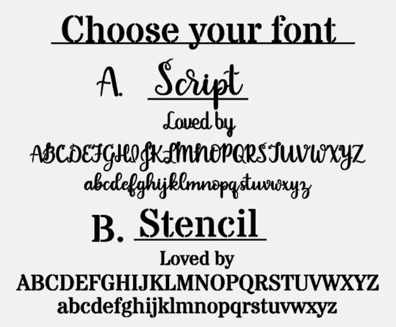 Może przedstawiać: Grafika prezentująca opcje czcionek. Tekst "Choose your font" znajduje się na g&oacute;rze. Pokazano dwa style czcionek: Script i Stencil, każdy z alfabetami wielkimi i małymi. Słowa "Loved by" pojawiają się nad każdym alfabetem.