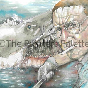 Jaws - Roy Scheider - Film, pittura ad acquerello, stampe incorniciate e montate