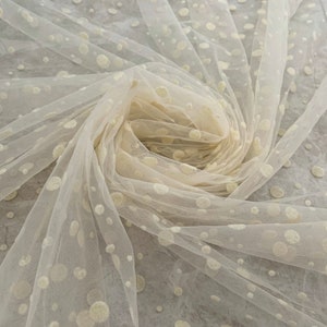 Beige tulle fabric with velvet polka dots, flocking polka dot