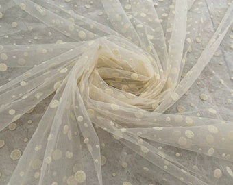Beige tulle fabric with velvet polka dots, flocking polka dot