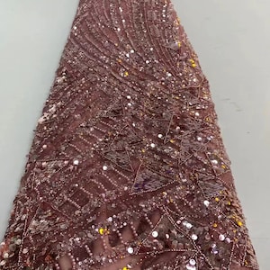 Mauve sequined lace fabric with beads, sparkle embroidered tulle fabric for costume, evening dress, prom dress