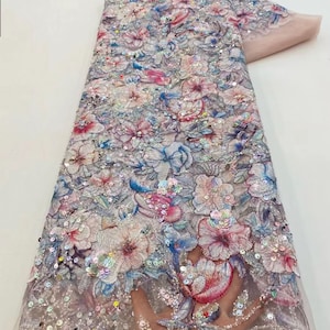 Colorful embroidered lace fabric with flowers and sequins