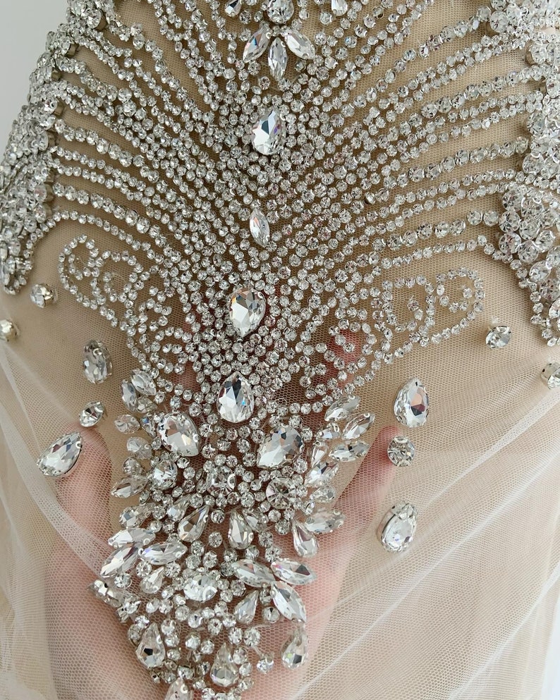 Iridescent Rhinestone Large Iridescent Rhinestone Bodice Applique, Handcrafted Rhinestone ...