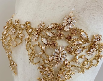 Champagne gold Rhinestone applique for dress, dance costume, corset, handcrafted crystal bodice applique