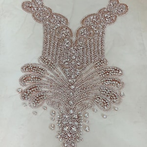 large rose gold rhinestone bodice applique, handcrafted crystal corset applique, crystal applique for dress, rhinestone applique for prom