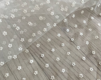 Soft tulle fabric with tiny velvet flowers, mini flowers tulle fabric for kids skirt, doll dress