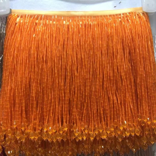 5yards orange Beaded fringe trim with crystal for couture, dance costume, bugle bead tassel for latin dress dance wear macrame trim tassel