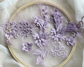 lavender bead lace applique, 3D heavy bead lace applique with pearls and rhinestones, 3D flower lace applique