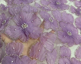 light purple 3d flowers lace fabric for dress, sparkle bead 3d florals lace fabric for ball gown, costume, prop, backdrop