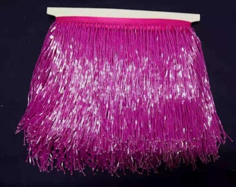 Borde de flecos con cuentas de color rosa intenso para alta costura y traje, borla de cuentas de corneta para baile de vestido latino usar borla de recorte de macramé 15cm