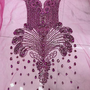 large fuchsia rhinestone bodice applique, handcrafted crystal applique, crystal applique for dress, rhinestone bodice patch for prom