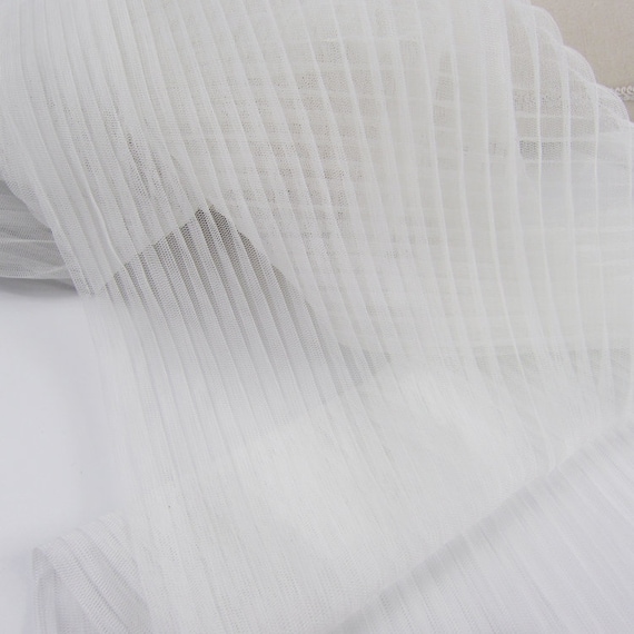 White Pleated Tulle Fabric, Soft Mesh Ruffled Pleats Panel