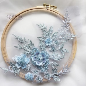 5pcs Light Blue Lace Applique Exquisite 3D Blossom Beaded Pearl Mesh Lace Applique With Rhinestone Lace Sewing Trims  10 color