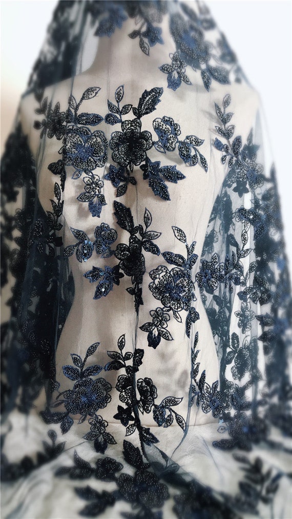 Navy beaded clearance lace fabric