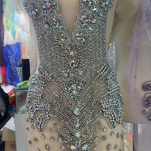 Silver ab rhinestone bodice applique, handcrafted crystal applique, crystal applique for dress, rhinestone bodice patch for prom