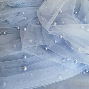 3 yards light blue pearl beaded tulle fabric for veils, dress, costume, backdrop, table dress, prop, curtains