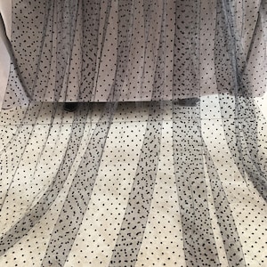 Black Soft tulle fabric with flocking velvet polka dots