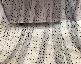 Black Soft tulle fabric with flocking velvet polka dots