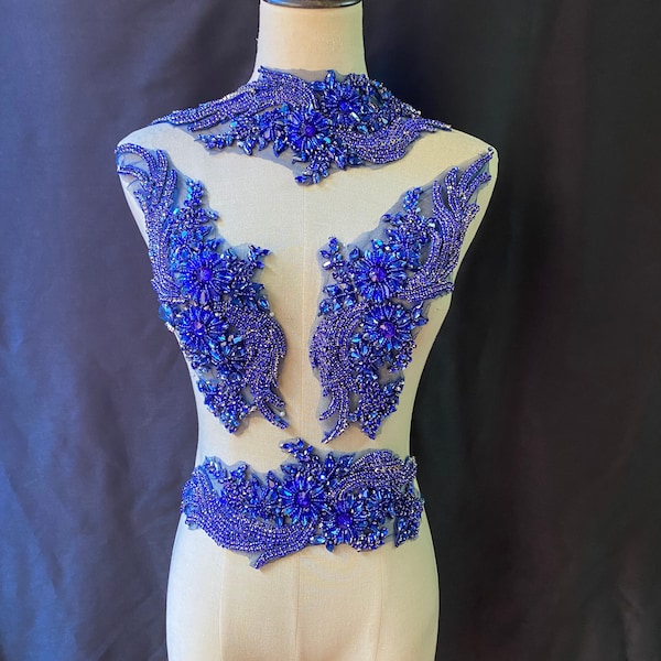 Blue hand crafted Rhinestone bead applique for dress and dance costume, french bead bodice applique