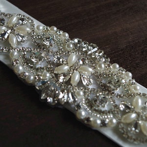 pearl and crystal bead applique for bridal sash,crystal applique, rhinestone applique, bridal sash applique, wedding sash applique