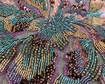 purple bead flower applique, heavy bead embroidery floral patch for dress alterations, beadwork patch