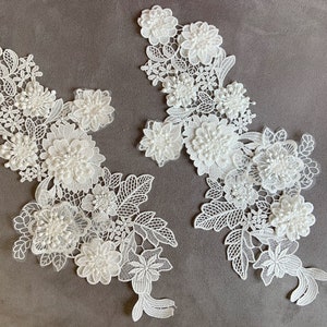 Off white lace applique, 3D heavy bead lace applique with pearls and rhinestones, 3D flower lace applique