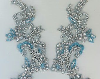 light lake blue rhinestone applique with florals for dress