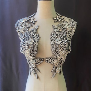 Applique di cristalli neri e argentati per corpetto per abiti da sposa e costumi, applicazione di perline di cristallo fatte a mano