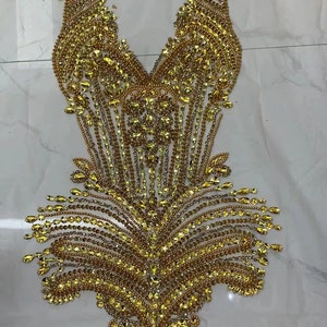 Aplique de corpiño de diamantes de imitación dorados para vestido de diamantes de imitación, traje de baile, aplique de cristal para vestido, parche de corpiño de diamantes de imitación para baile de graduación