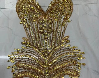 Gold rhinestone bodice applique for rhinestone dress, dance costume, crystal applique for dress, rhinestone bodice patch for prom