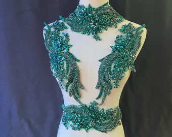 Dark emerald green hand crafted Rhinestone bead applique for dress and dance costume, french bead applique