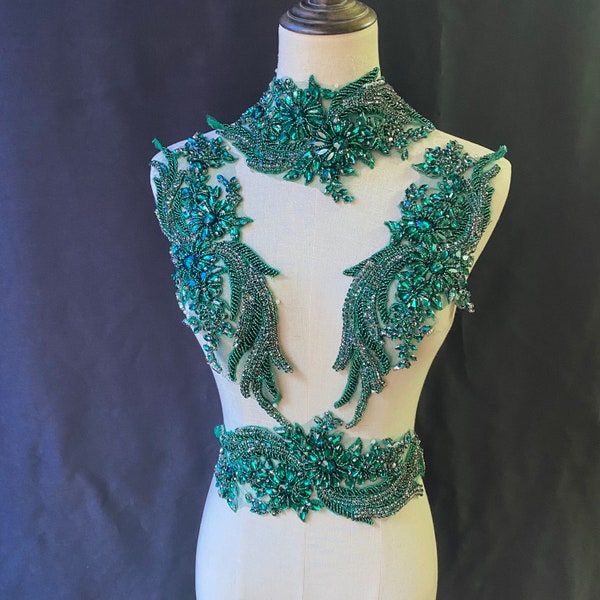 Dark emerald green hand crafted Rhinestone bead applique for dress and dance costume, french bead applique