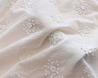 Off White cotton fabric with 3d flowers, cotton embroidered fabric by yards