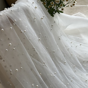 3 yards off white tulle fabric with big and small pearl beads for veils, dress, costume, backdrop, table dress, prop, curtains