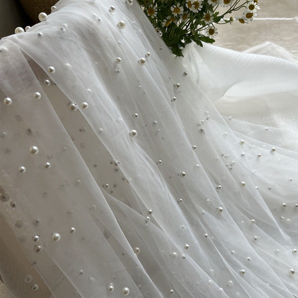 3 yardas de tela de tul blanco con cuentas de perlas grandes y pequeñas para velos, vestido, traje, telón de fondo, vestido de mesa, accesorio, cortinas