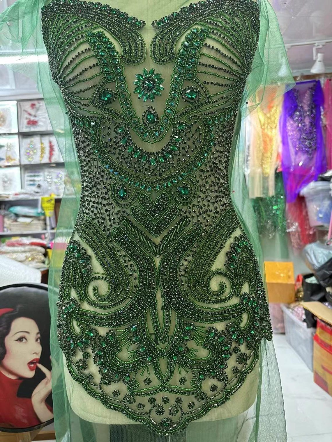 Body Rhinestones Green Full Body Rhinestone Bodice Applique, Handcrafted Rhinestone ...