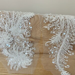 2pcs off white heavy bead lace applique for bridal dress, bead lace applique, 3d floral, 3d flower applique for dress