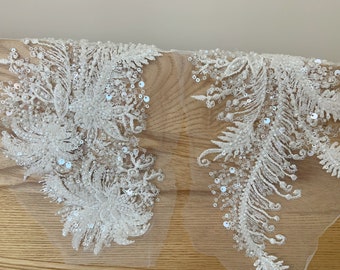 2pcs off white heavy bead lace applique for bridal dress, bead lace applique, 3d floral, 3d flower applique for dress