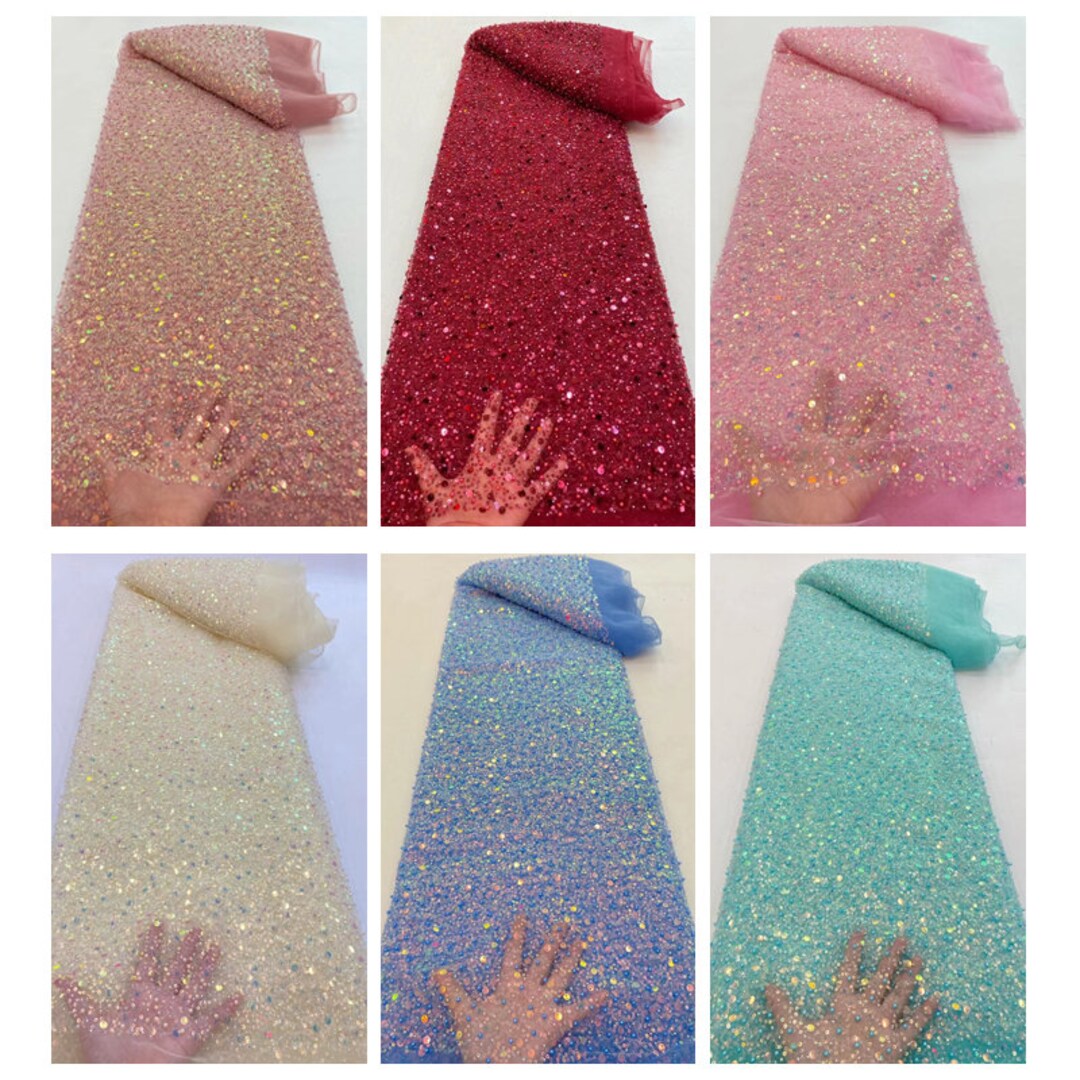 Heavy Bead Tulle Lace Fabric With Sparkle Sequins for Bridal Dress, Evening Dress, Costume