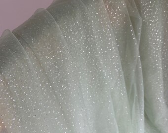 light sage green Sparkle Tulle fabric with glitters polka dots  for veil, shinny mesh fabric for costume dress, prop, party decors