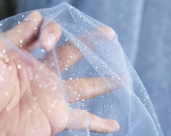 Light blue Tulle fabric with glitters for veil, dress, prop, decors, galaxy like tulle fabric