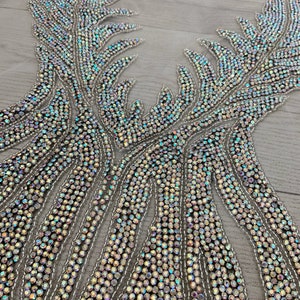 Iridescent rhinestone bodice applique, handcrafted crystal corset applique, crystal applique for dress, rhinestone applique for prom