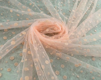 peach pink tulle fabric with velvet polka dots, flocking polka dot tulle fabric by the yard